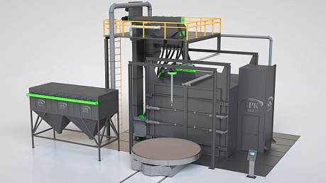 Дробеметная установка тупикового типа с мобильным поворотным столом, подвесной системой транспортировки заготовок и камерой ручной доработки SPK D - P/S-spec серии PROFI LINE